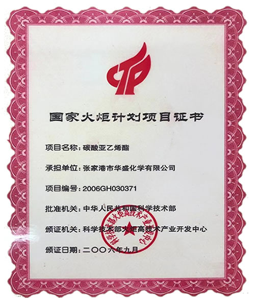 国家火炬计划项目证书