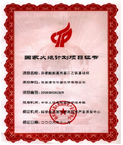 国家火炬计划项目证书